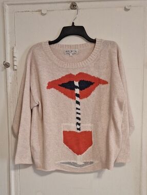 Wildfox Pink Sweater with Red Lip and Black-White Straw Graphic